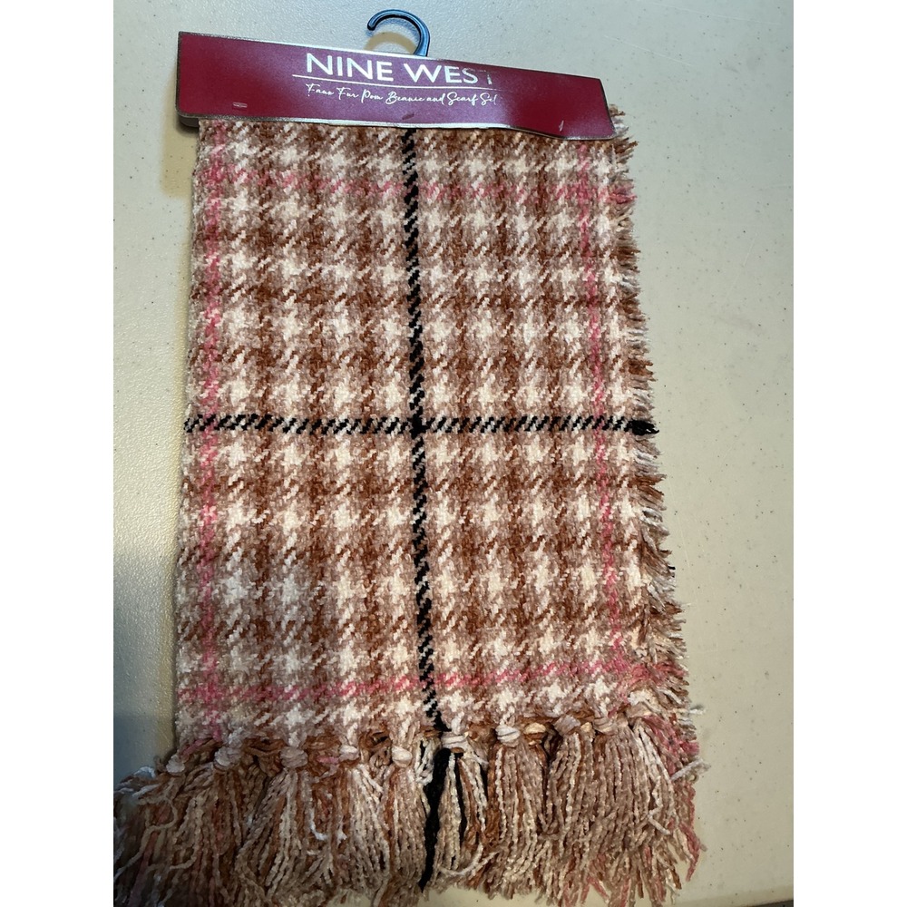Nine West Faux Fur Pom Scarf Only Brown Pink Plaid Fringe Trim NEW